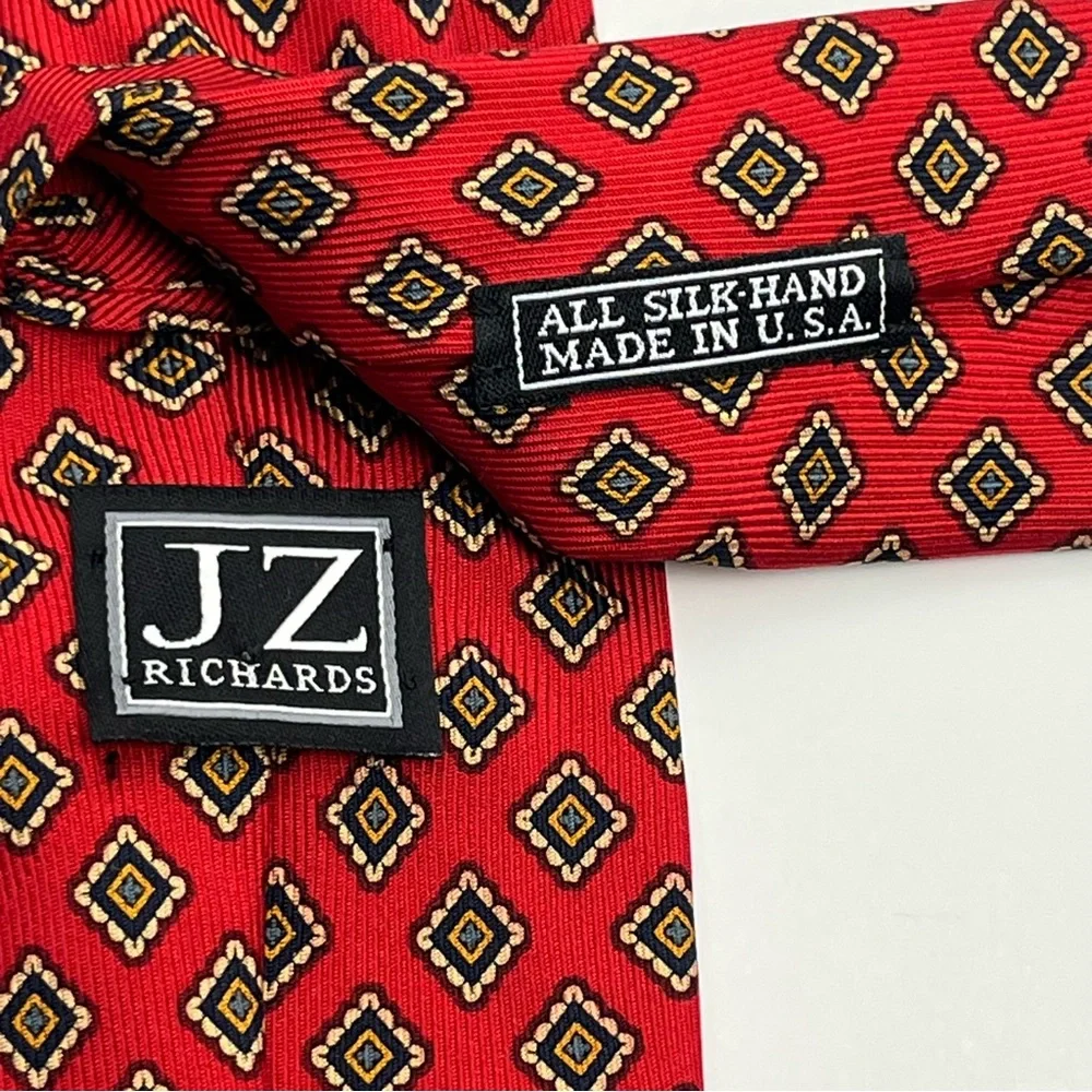 JZ Richards 100%‎ Silk Neck Tie Mens Red Geometric Print Made In USA